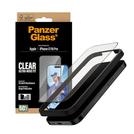 Προστατευτική Μεμβράνη Οθόνης PanzerGlass Ultra-Wide Fit EasyAligner για Apple iPhone 17 / 16 Pro, Ενισχυμένο Γυαλί, Πλήρης Κόλληση, Μαύρη