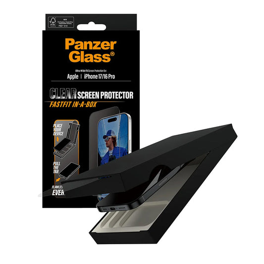 Προστατευτική Μεμβράνη Οθόνης PanzerGlass Ultra-Wide Fit Fastfit για Apple iPhone 17 / 16 Pro, Ενισχυμένο Γυαλί, Πλήρης Κόλληση, Μαύρη