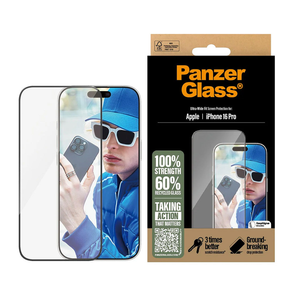Προστατευτική Μεμβράνη Οθόνης PanzerGlass Ultra-Wide Fit για Apple iPhone 16 Pro, Ενισχυμένο Γυαλί, Full Glue, Μαύρη
