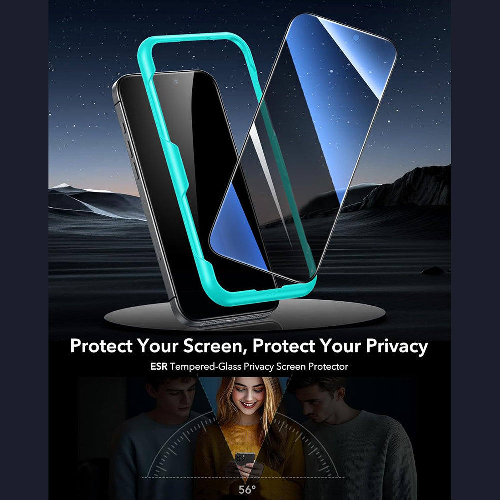 Προστατευτική Μεμβράνη Οθόνης Privacy ESR για Apple iPhone 17 / 16 Pro, Ενισχυμένο Γυαλί, Full Glue, Σετ 3 τεμαχίων