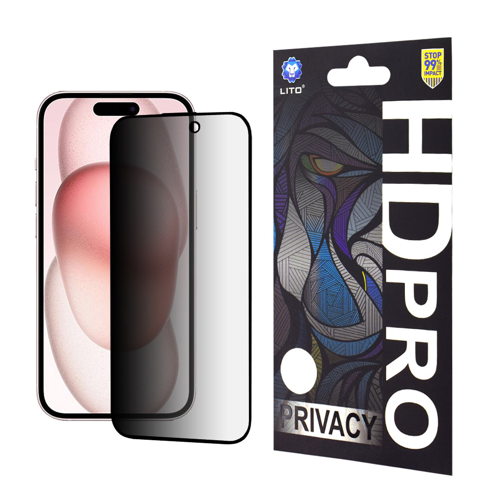 Προστατευτική μεμβράνη οθόνης Privacy Lito HD Pro για Apple iPhone 15, ασφαλισμένο γυαλί, πλήρης κόλλα