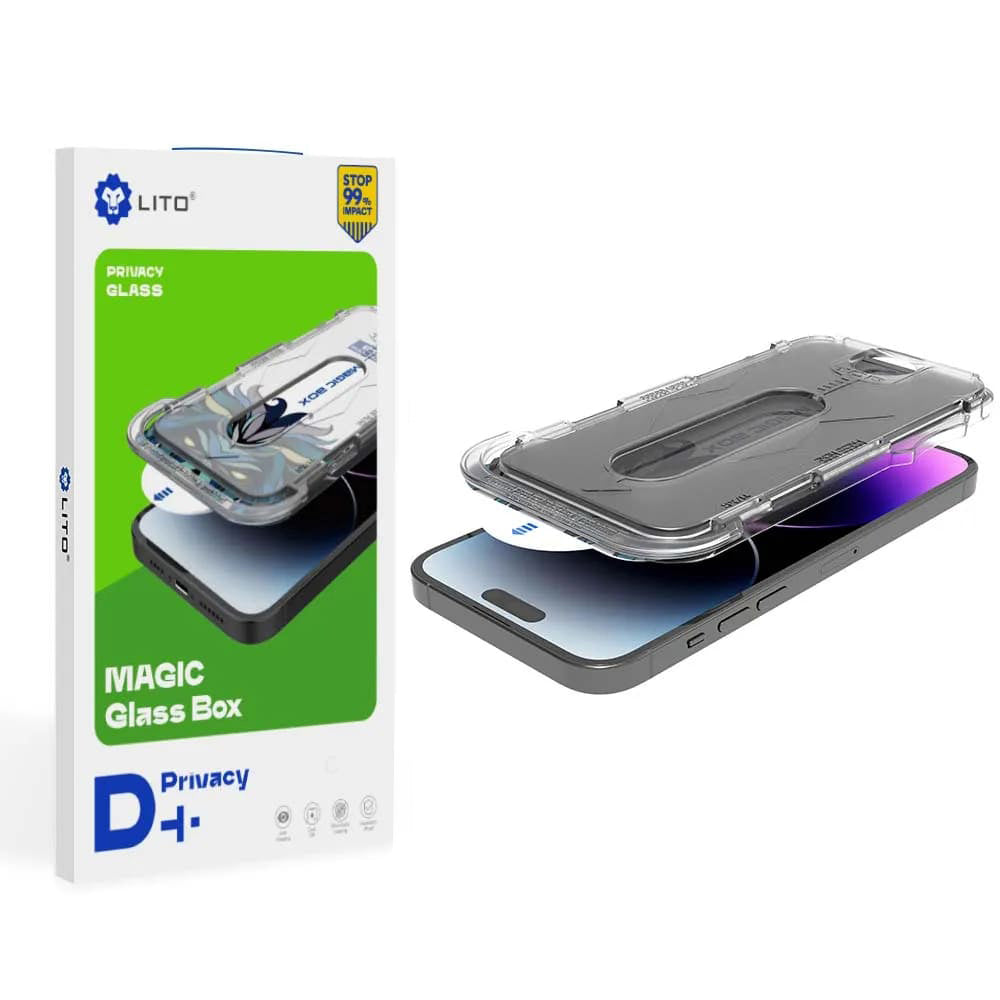 Προστατευτική μεμβράνη οθόνης Privacy Lito Magic Glass Box D+ Tools για Apple iPhone 17e / 16e / 14 / 13 Pro, Ασφαλισμένο γυαλί, Πλήρης κόλλα