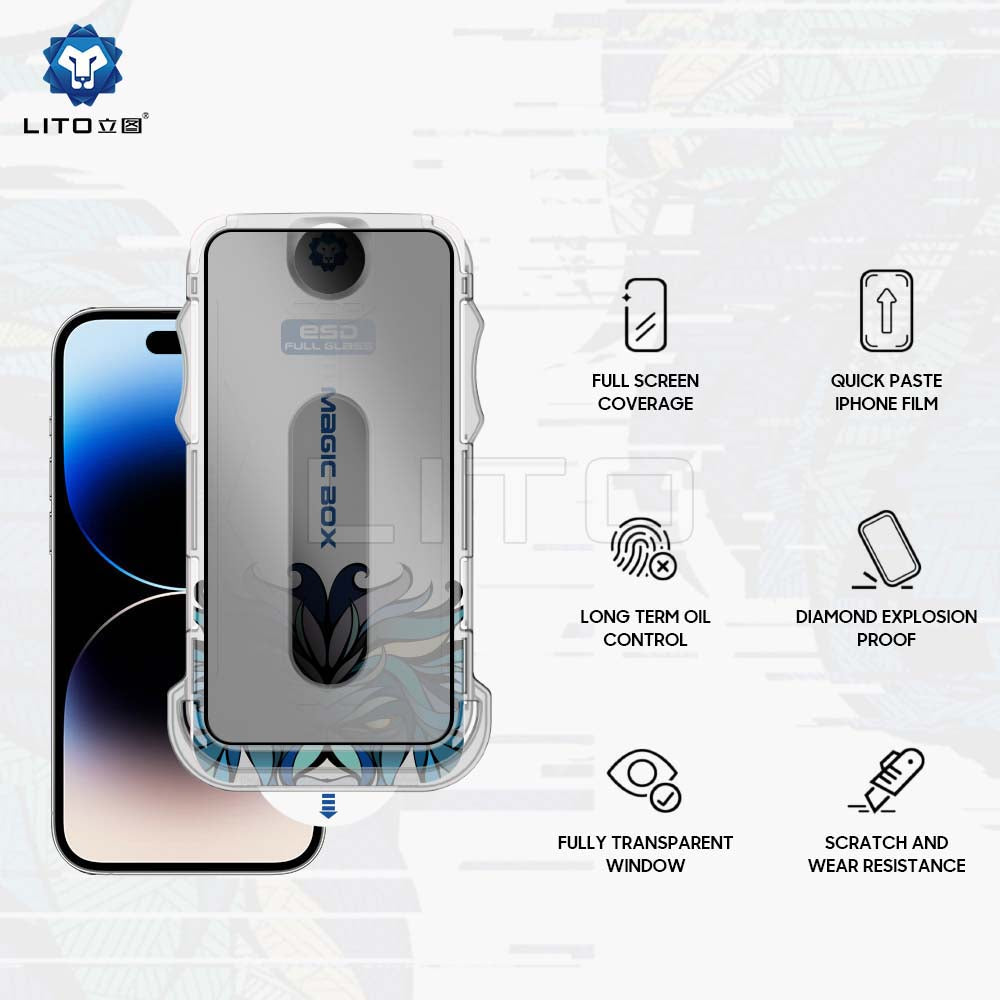 Προστατευτική μεμβράνη οθόνης Privacy Lito Magic Glass Box D+ Tools για Apple iPhone 17e / 16e / 14 / 13 Pro, Ασφαλισμένο γυαλί, Πλήρης κόλλα