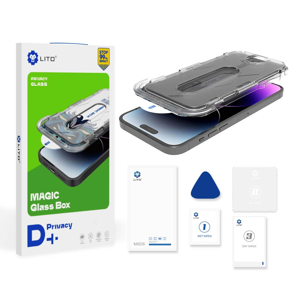 Προστατευτική μεμβράνη οθόνης Privacy Lito Magic Glass Box D+ Tools για Apple iPhone 17e / 16e / 14 / 13 Pro, Ασφαλισμένο γυαλί, Πλήρης κόλλα