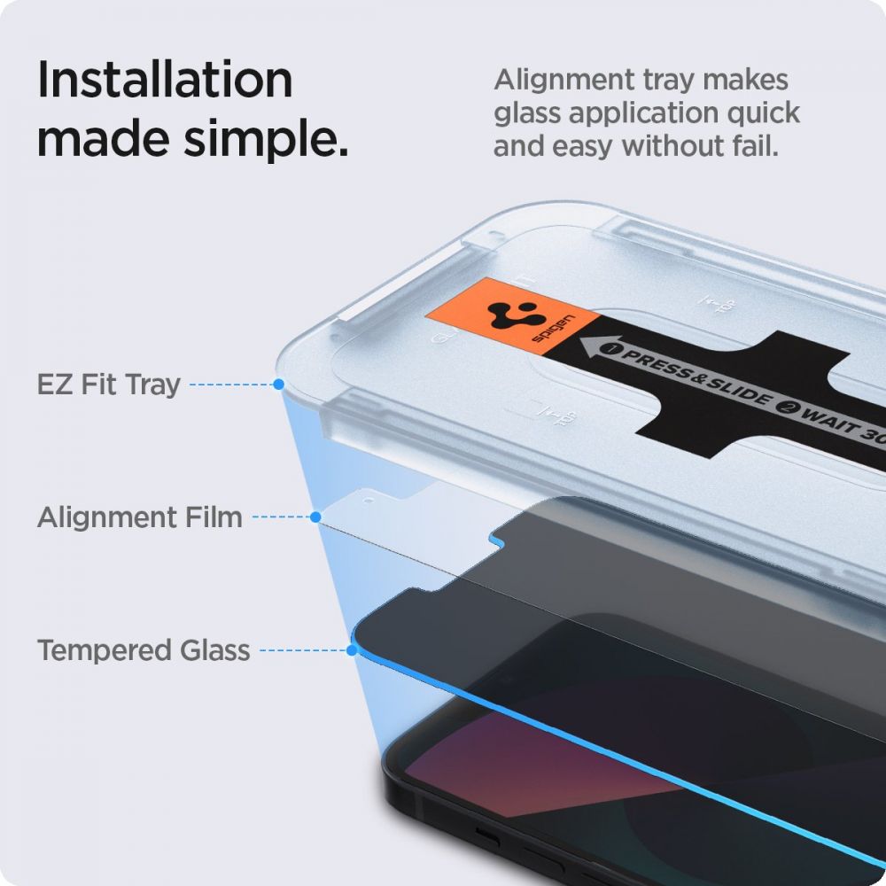 Προστατευτική Μεμβράνη Οθόνης Privacy Spigen GlastR EZ FIT για Apple iPhone 14 Plus / 13 Pro Max, Ενισχυμένο Γυαλί, Πλήρης Κόλληση, Σετ 2 τεμαχίων AGL03378