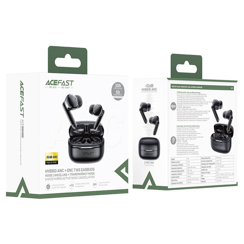 Handsfree Bluetooth Acefast W5, TWS, ANC, Μαύρο