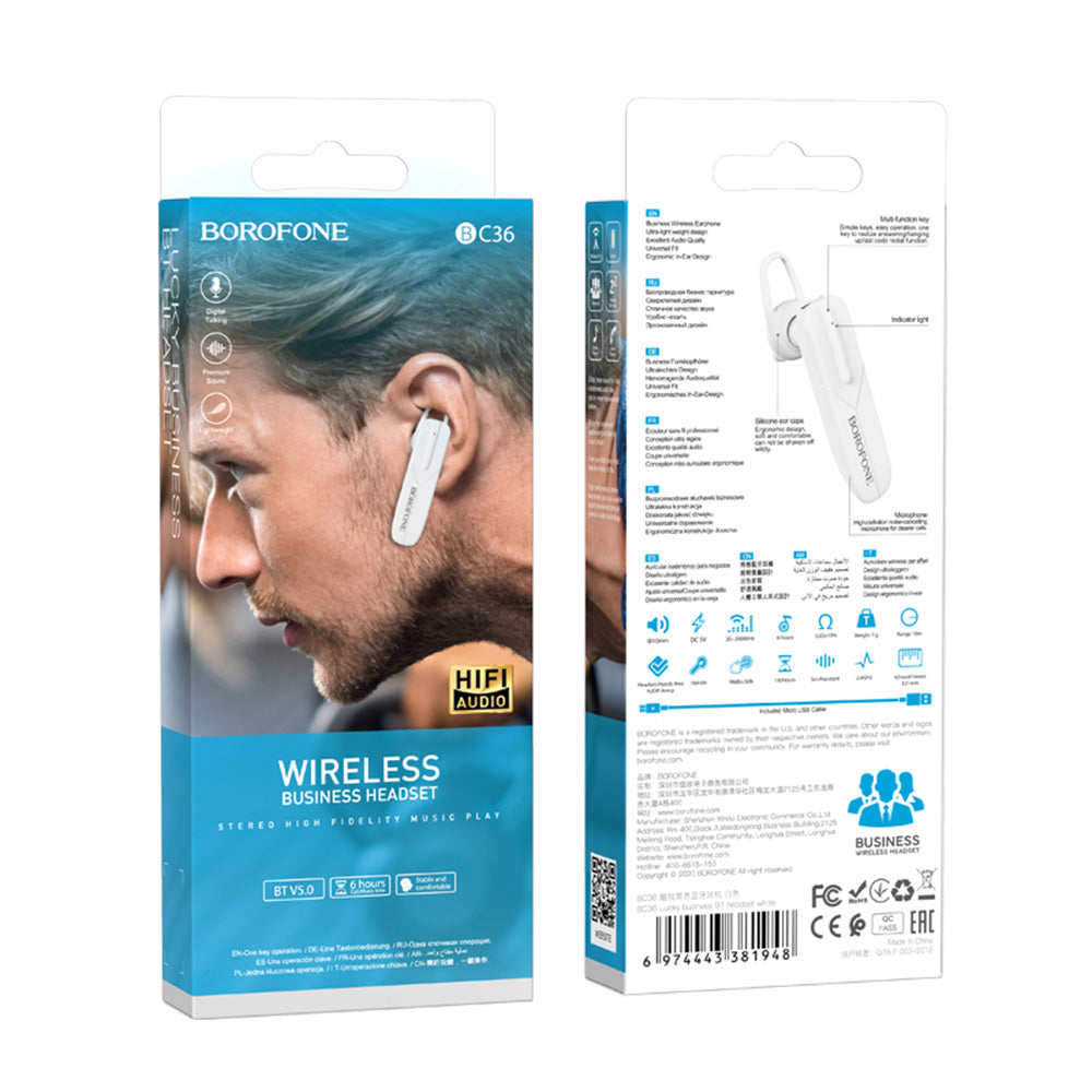 Ακουστικά Bluetooth handsfree BC36 Lucky, A2DP, λευκό