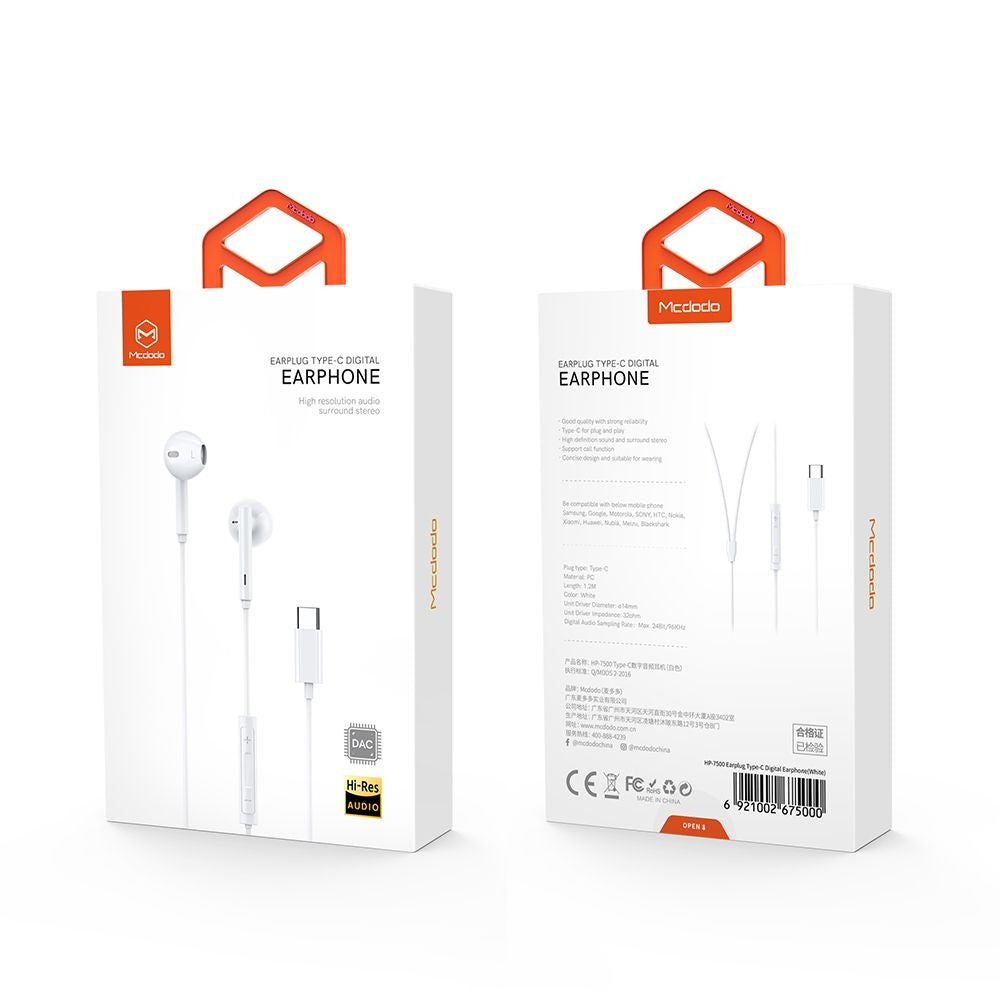 Handsfree USB-C McDodo HP-7500, Λευκό