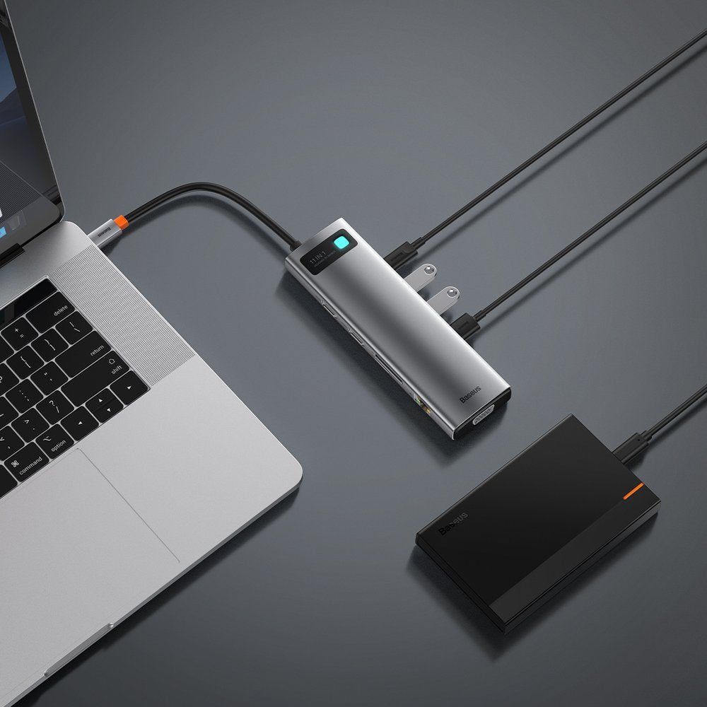 Hub USB-C Baseus Metal Gleam, 3 x USB-A 3.0 - 1 x USB-C - 2 x HDMI - 1 x VGA - 1 x Jack 3.5mm - 1 x RJ45 - 1 x SD - 1 x microSD, Γκρι CAHUB-CT0G