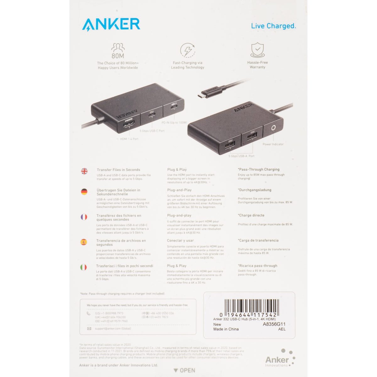 Hub USB-C Anker 332, 2 x USB-A - 2 x USB-C - 1 x HDMI, Μαύρο A8356G11
