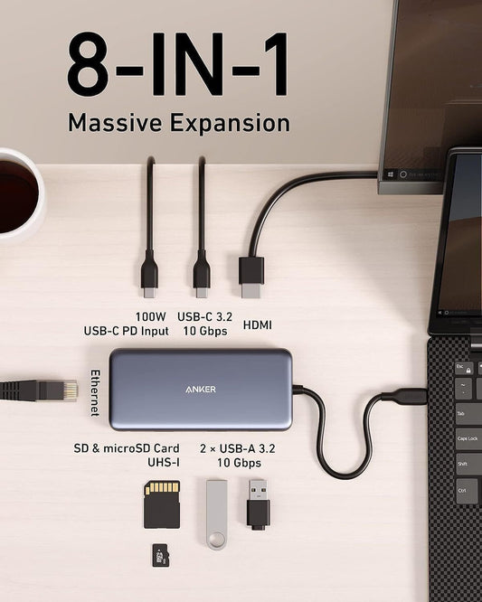 Hub USB-C Anker 555, 2 x USB-A 3.2 - 2 x USB-C - 1 x HDMI - 1 x RJ45 - 1 x SD - 1 x microSD, Γκρι A83830A2