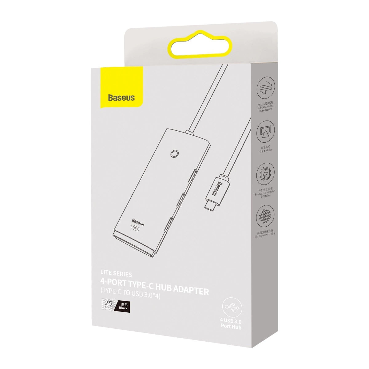 Hub USB-C Baseus Lite, 4 x USB-A 3.0 - 1 x USB-C, 0.25m, Μαύρο WKQX030301