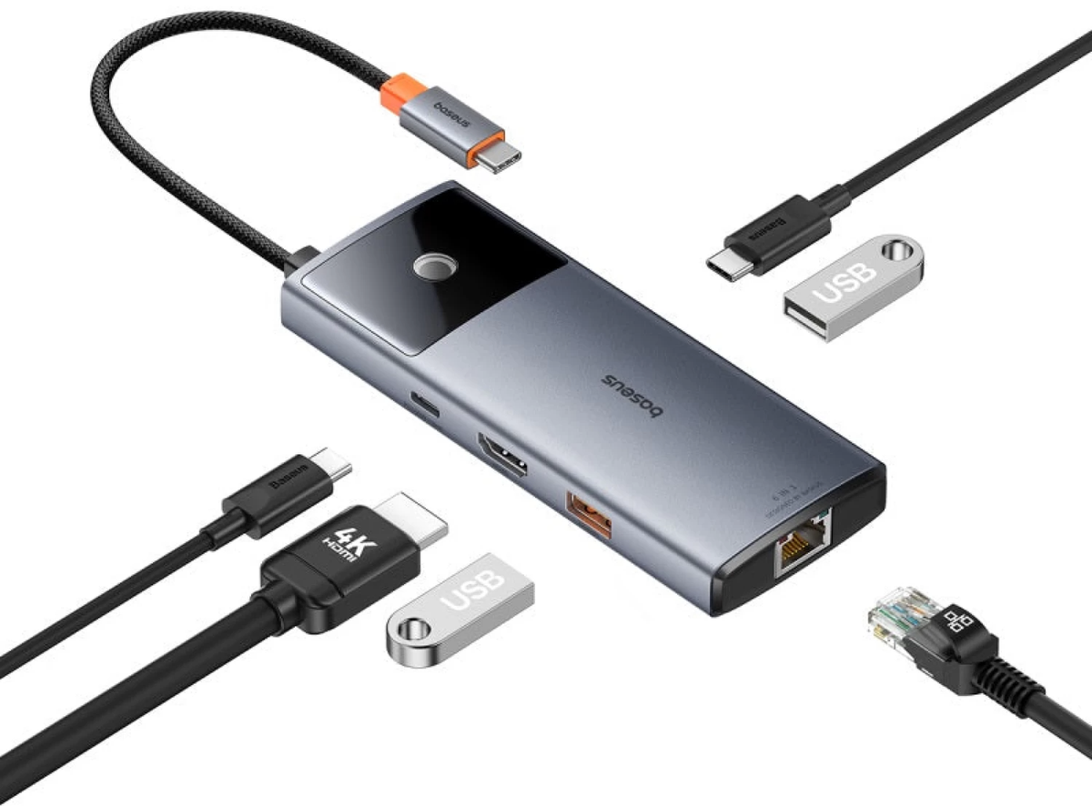 Hub USB-C Baseus Metal Gleam II, 2 x USB-A - 2 x USB-C - 1 x HDMI - 1 x RJ45, Γκρι B00061802813-00