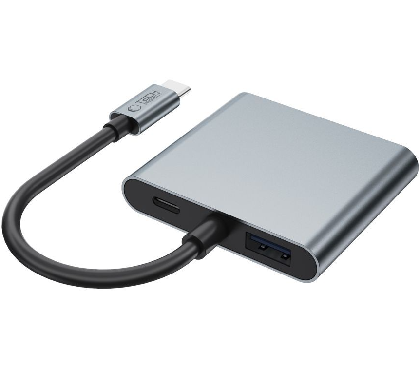Tech-Protect HB08 USB-C Hub, 1 x USB-A - 1 x USB-C - 2 x HDMI, Gray