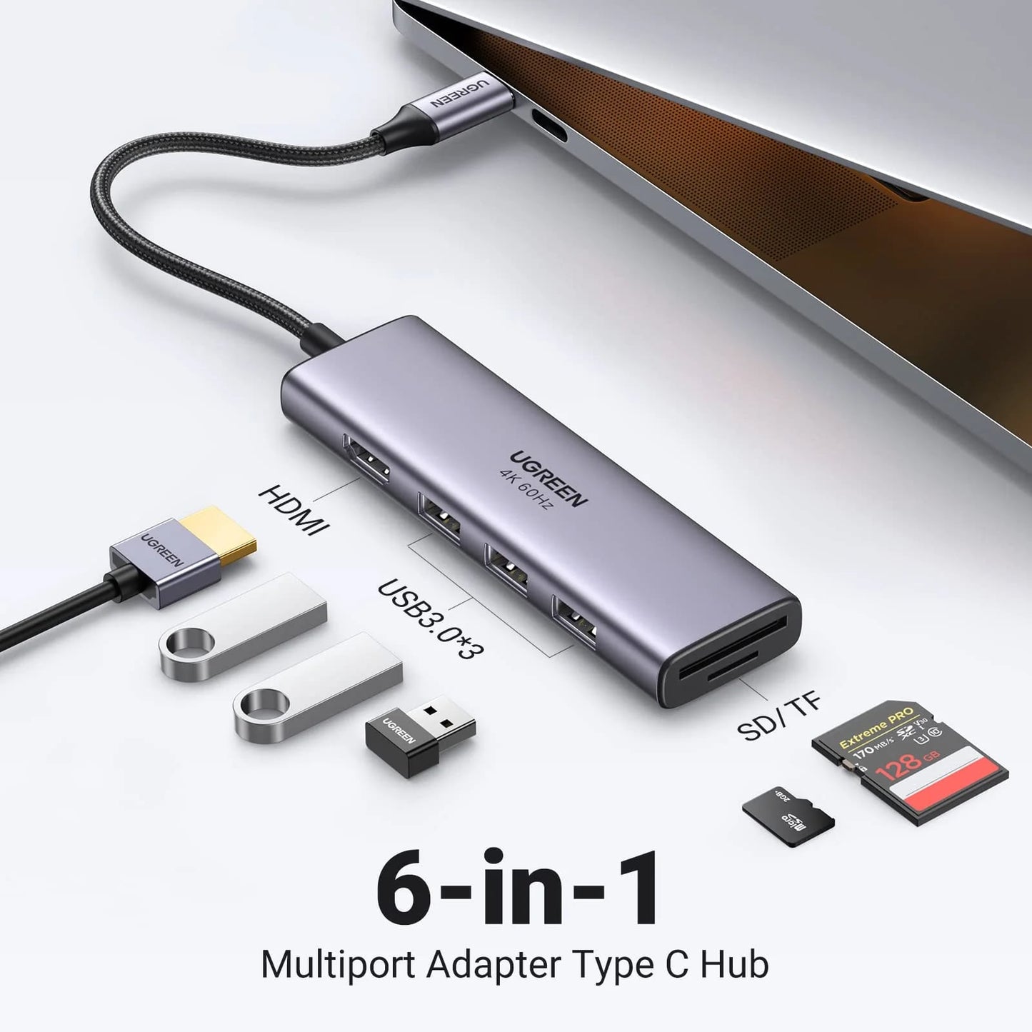 Hub USB-C UGREEN CM511 (60383), 3 x USB-A 3.2 - 1 x HDMI - 1 x SD - 1 x microSD, Γκρι