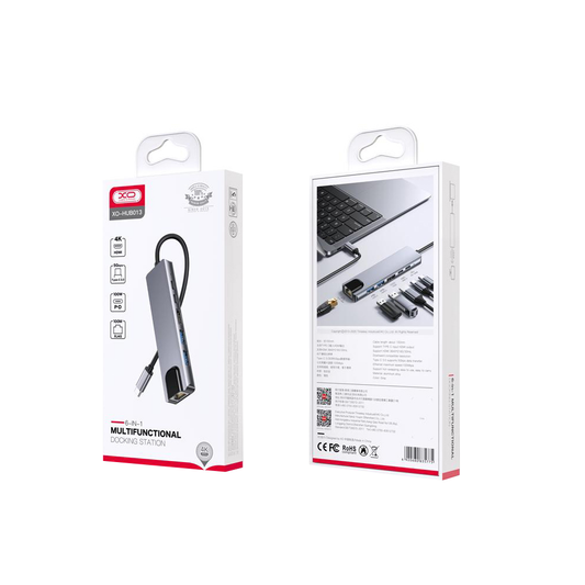 Hub USB-C XO Design HUB013, 1 x USB-A - 1 x USB-A 3.0 - 2 x USB-C - 1 x HDMI - 1 x RJ45, Γκρι