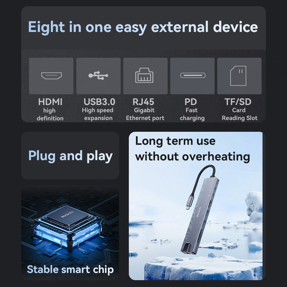 Hub USB-C Yesido HB27, 8in1, Γκρι