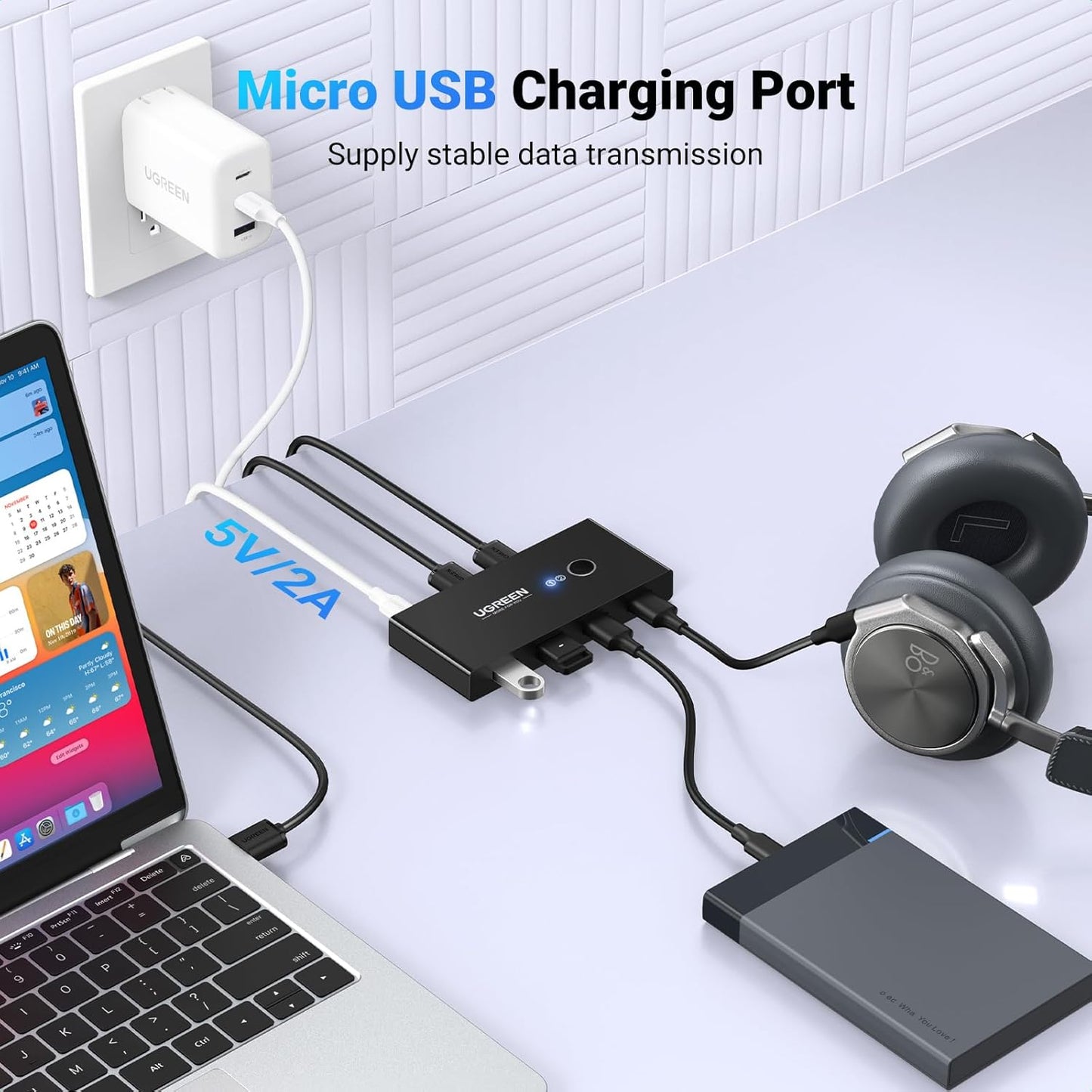 Διανομέας USB UGREEN US216 Πλαίσιο διακόπτη κοινής χρήσης, 4 x USB-A, μαύρο