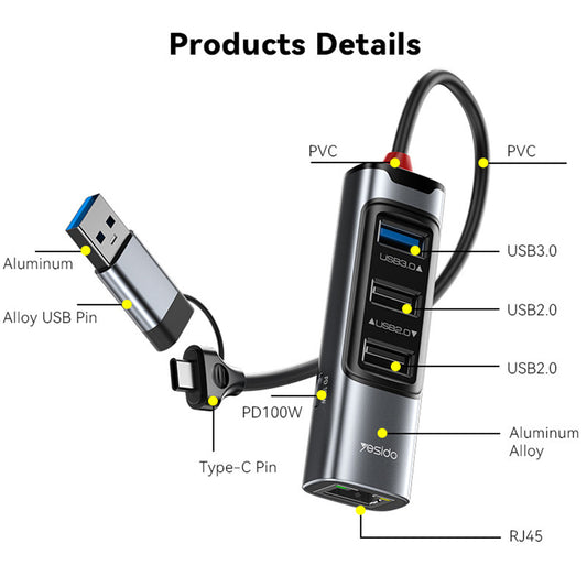 Hub USB / USB-C Yesido HB21, 5in1, Γκρι