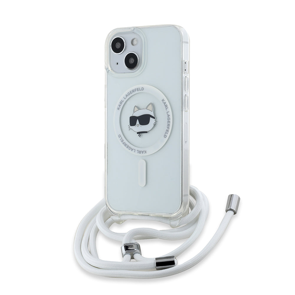 MagSafe Case for Apple iPhone 14, Karl Lagerfeld, IML Crossbody Choupette's Head with Strap, Transparent