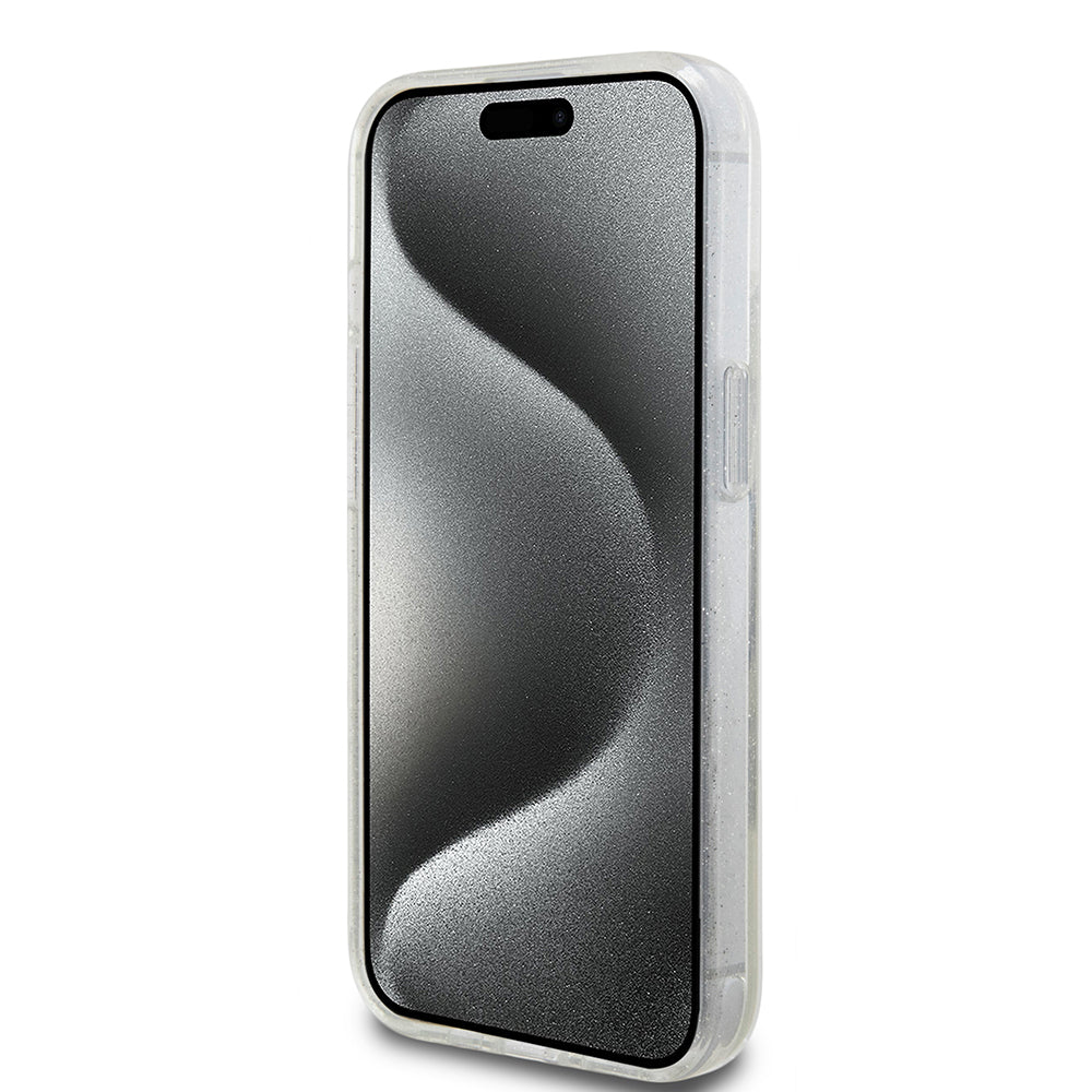 MagSafe Case for Apple iPhone 15, Guess, Ring Stand Script Glitter, Transparent