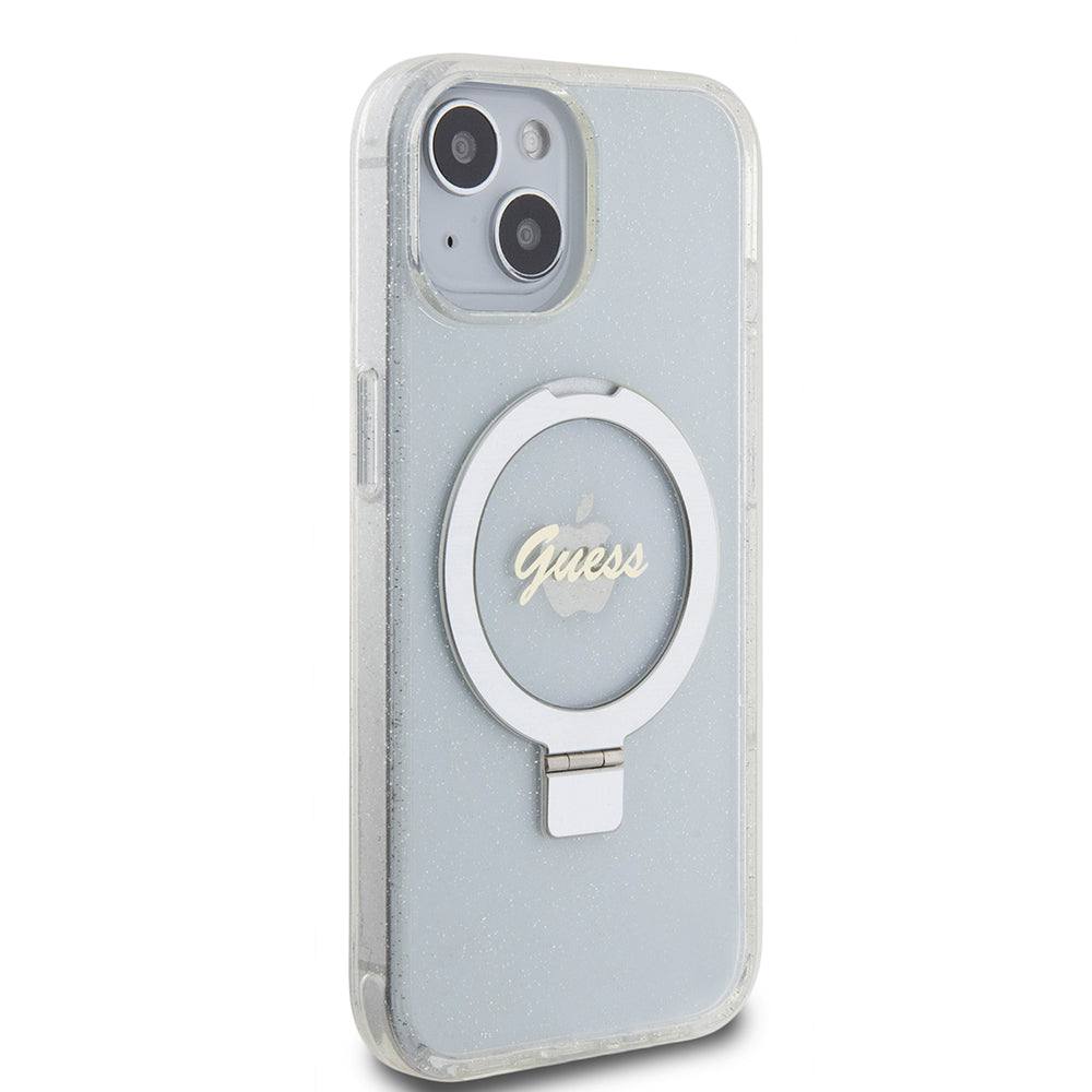 MagSafe Case for Apple iPhone 15, Guess, Ring Stand Script Glitter, Transparent