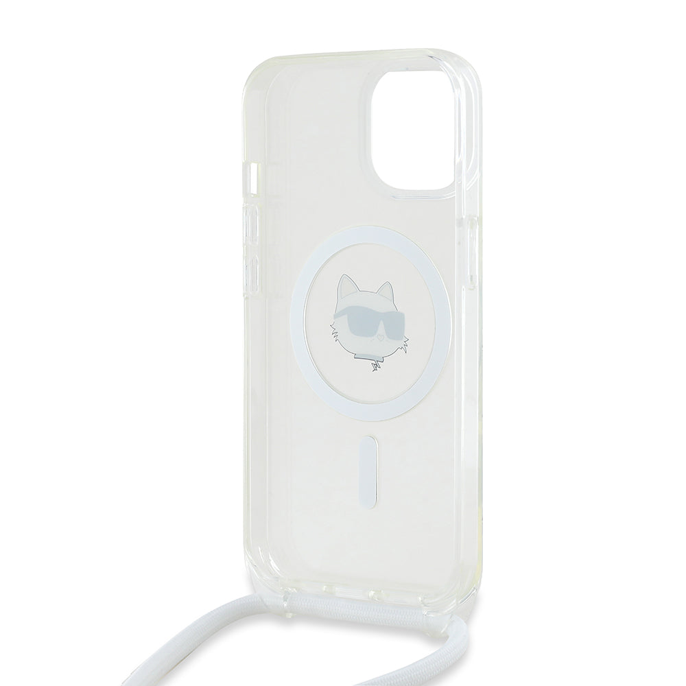 Θήκη MagSafe για Apple iPhone 15, Karl Lagerfeld, IML Crossbody Choupette's Head with Strap, Διάφανη