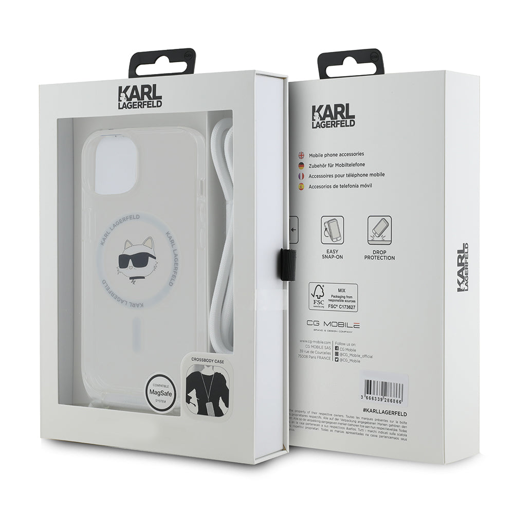 Θήκη MagSafe για Apple iPhone 15, Karl Lagerfeld, IML Crossbody Choupette's Head with Strap, Διάφανη