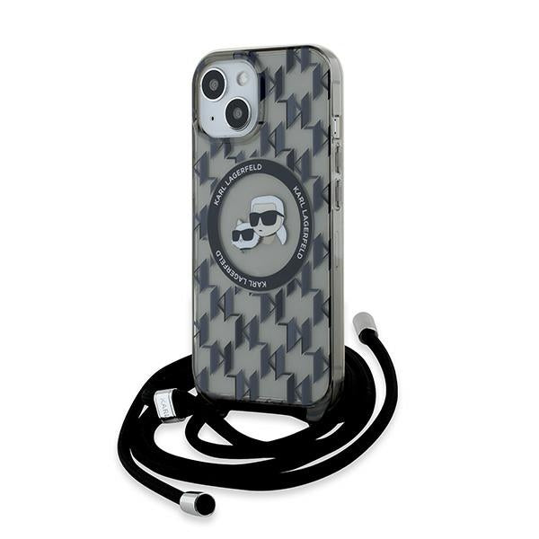 Θήκη MagSafe για Apple iPhone 15, Karl Lagerfeld, IML Crossbody Monogram Karl & Choupette's Heads, Μαύρη