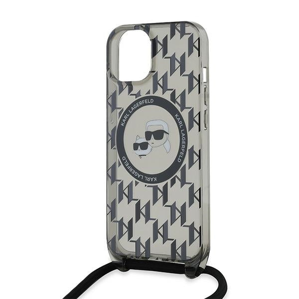 Θήκη MagSafe για Apple iPhone 15, Karl Lagerfeld, IML Crossbody Monogram Karl & Choupette's Heads, Μαύρη