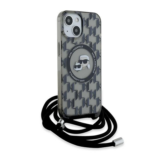 Θήκη MagSafe για Apple iPhone 15, Karl Lagerfeld, IML Crossbody Monogram Karl & Choupette's Heads, Μαύρη