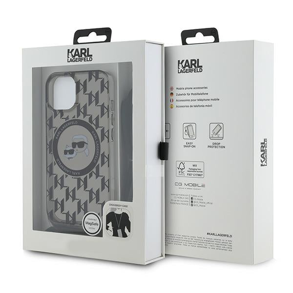 Θήκη MagSafe για Apple iPhone 15, Karl Lagerfeld, IML Crossbody Monogram Karl & Choupette's Heads, Μαύρη