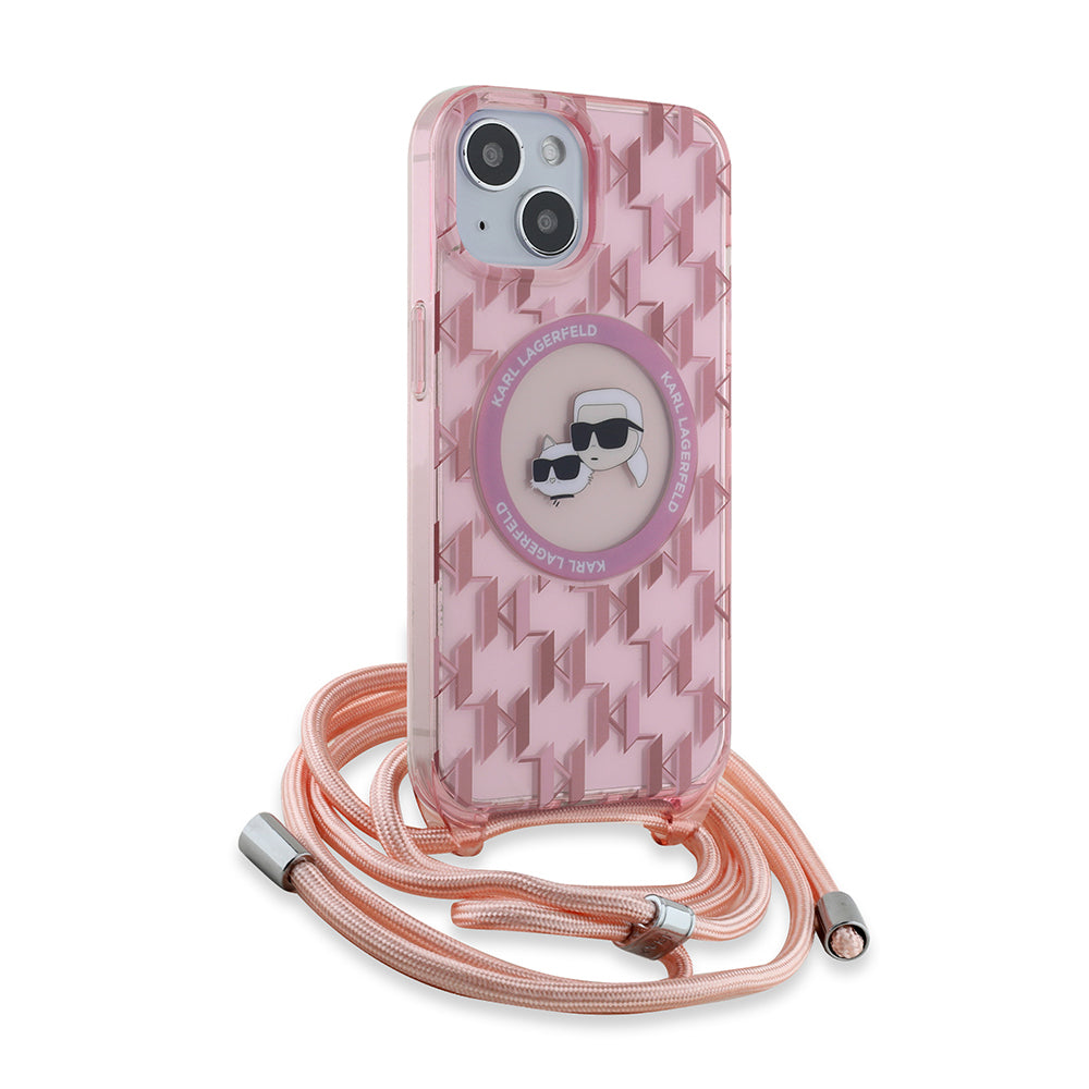 Θήκη MagSafe για Apple iPhone 15, Karl Lagerfeld, IML Crossbody Monogram Karl & Choupette's Heads, Ροζ