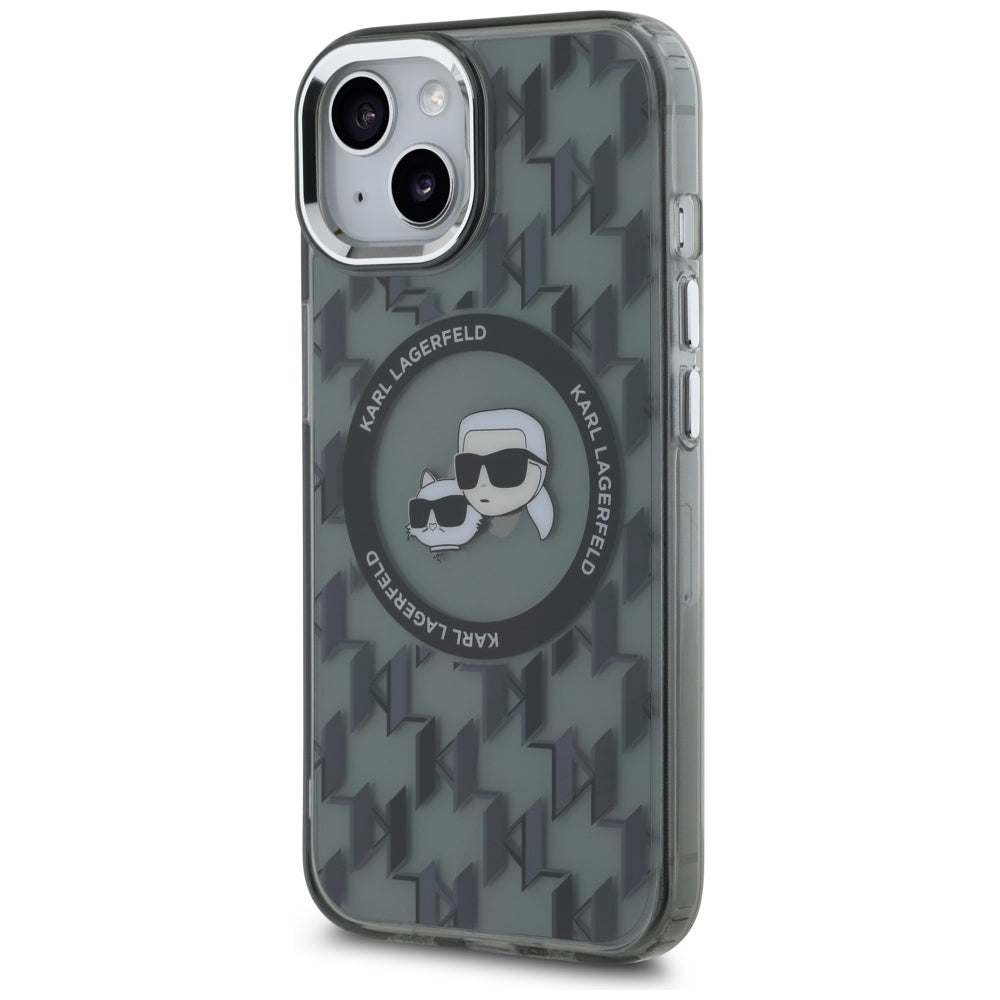 Θήκη MagSafe για Apple iPhone 15, Karl Lagerfeld, IML Monogram Karl & Choupette's Heads, Μαύρη