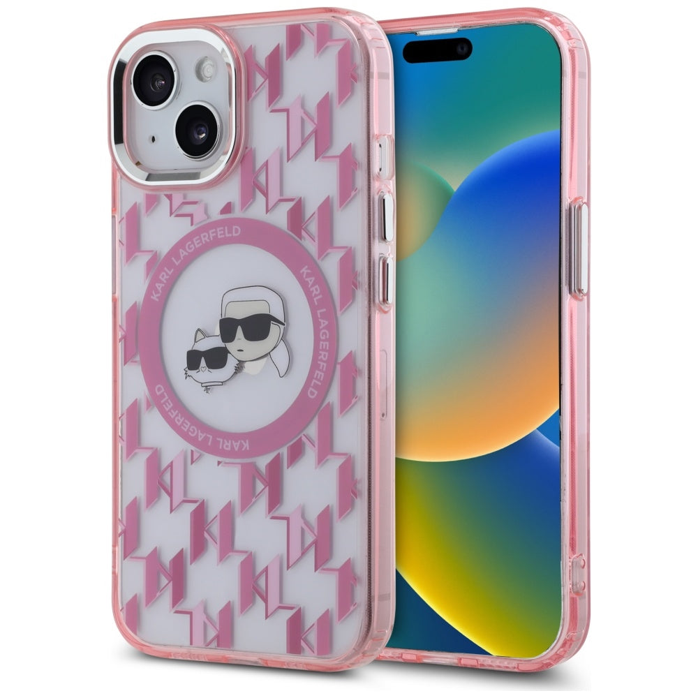 Θήκη MagSafe για Apple iPhone 15, Karl Lagerfeld, IML Monogram Karl & Choupette's Heads, Ροζ