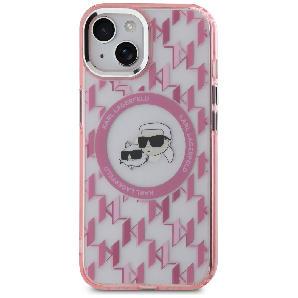 Θήκη MagSafe για Apple iPhone 15, Karl Lagerfeld, IML Monogram Karl & Choupette's Heads, Ροζ