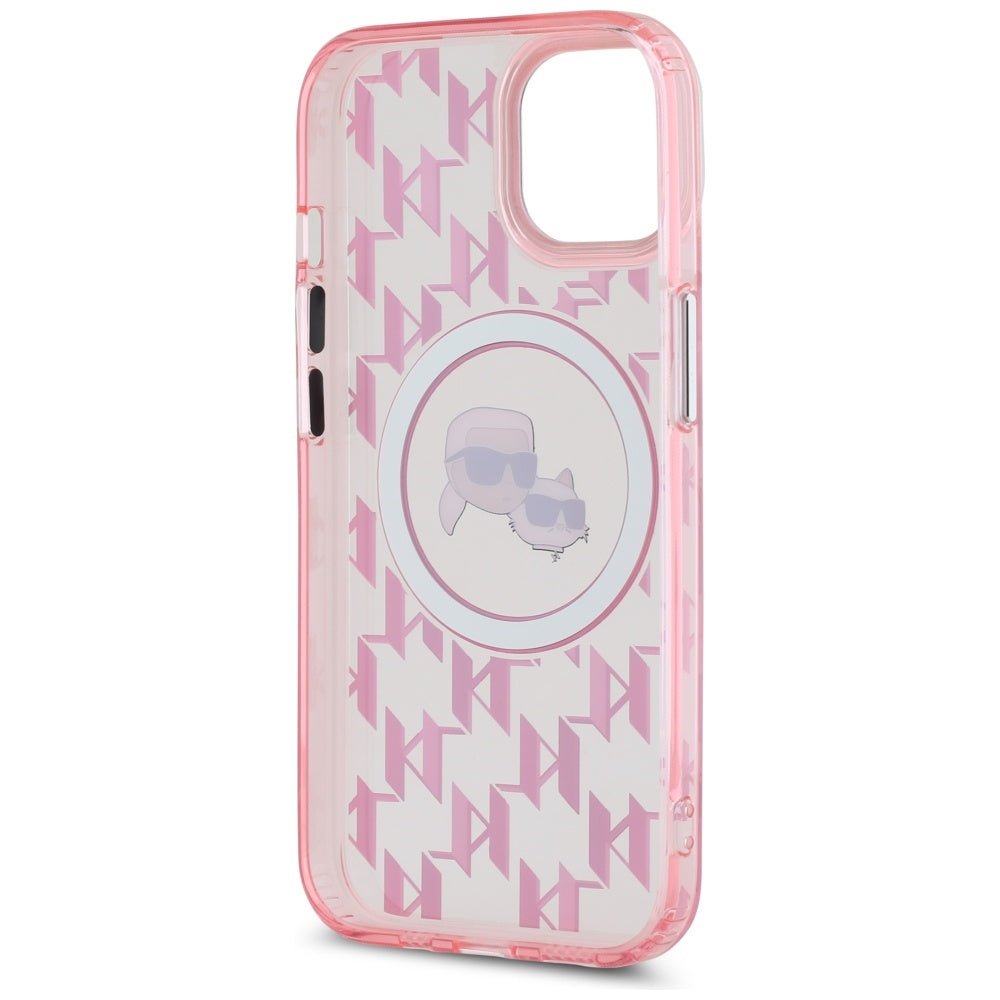 Θήκη MagSafe για Apple iPhone 15, Karl Lagerfeld, IML Monogram Karl & Choupette's Heads, Ροζ