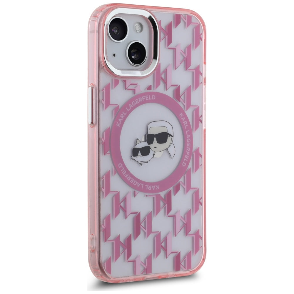 Θήκη MagSafe για Apple iPhone 15, Karl Lagerfeld, IML Monogram Karl & Choupette's Heads, Ροζ