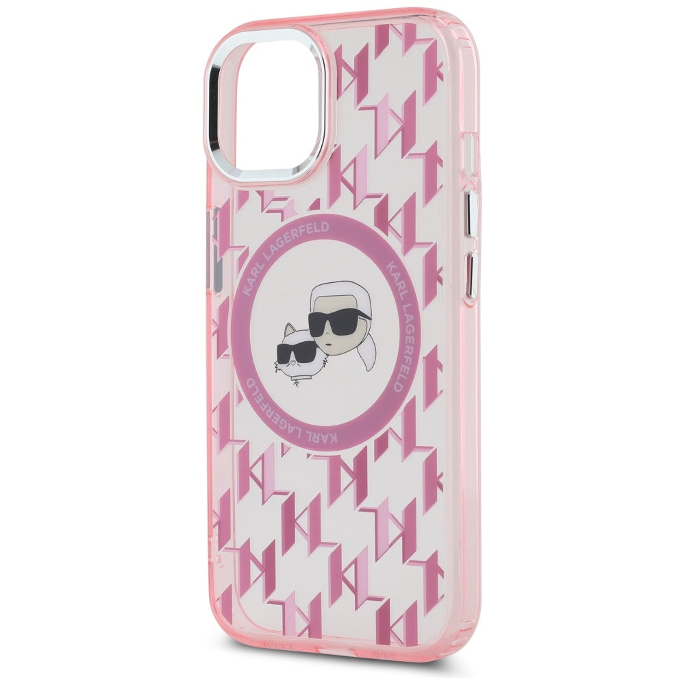 Θήκη MagSafe για Apple iPhone 15, Karl Lagerfeld, IML Monogram Karl & Choupette's Heads, Ροζ