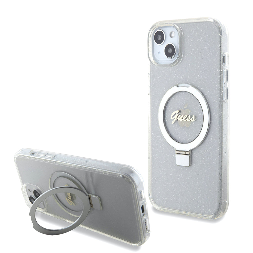 Θήκη MagSafe για Apple iPhone 15 Plus, Guess, Ring Stand Script Glitter, Διαφανής