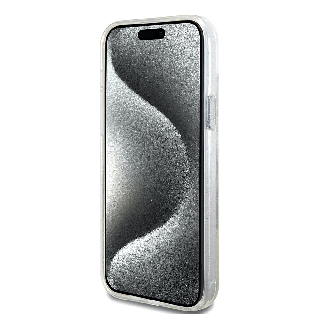 Θήκη MagSafe για Apple iPhone 15 Plus, Guess, Ring Stand Script Glitter, Διαφανής