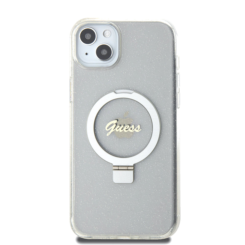 Θήκη MagSafe για Apple iPhone 15 Plus, Guess, Ring Stand Script Glitter, Διαφανής