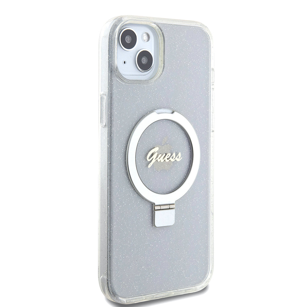 Θήκη MagSafe για Apple iPhone 15 Plus, Guess, Ring Stand Script Glitter, Διαφανής