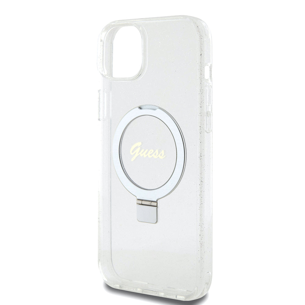 Θήκη MagSafe για Apple iPhone 15 Plus, Guess, Ring Stand Script Glitter, Διαφανής