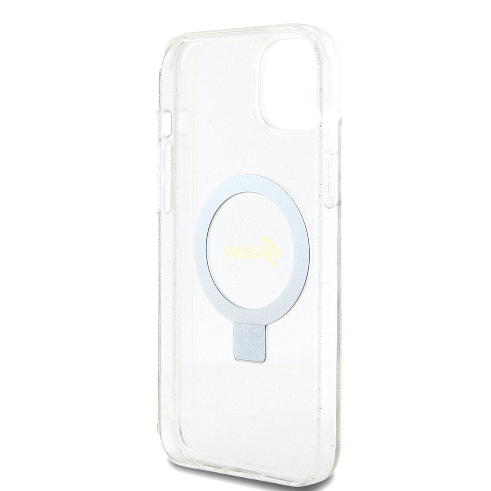 Θήκη MagSafe για Apple iPhone 15 Plus, Guess, Ring Stand Script Glitter, Διαφανής