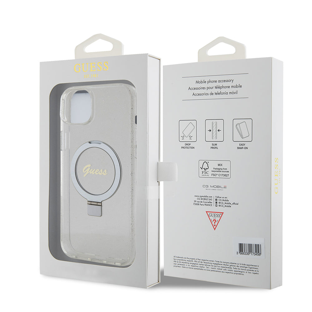 Θήκη MagSafe για Apple iPhone 15 Plus, Guess, Ring Stand Script Glitter, Διαφανής