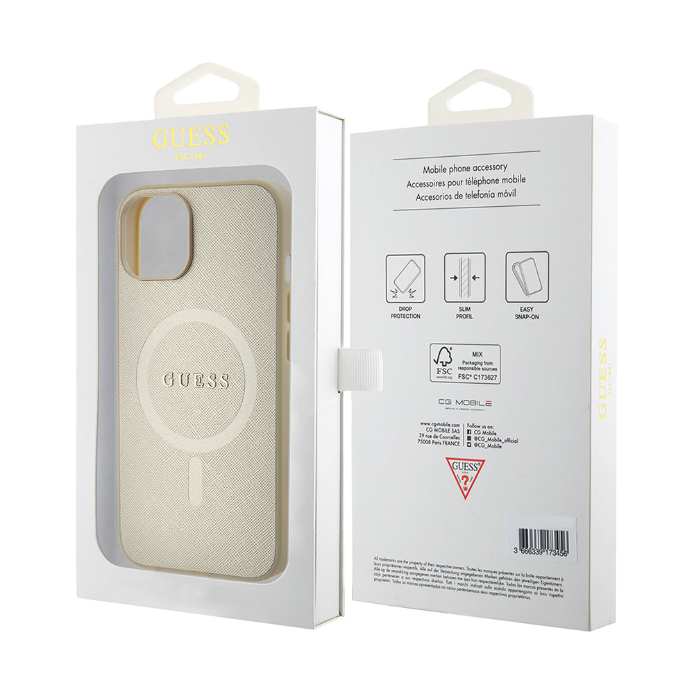 Θήκη MagSafe για Apple iPhone 15 Plus, Guess, Saffiano, Χρυσή