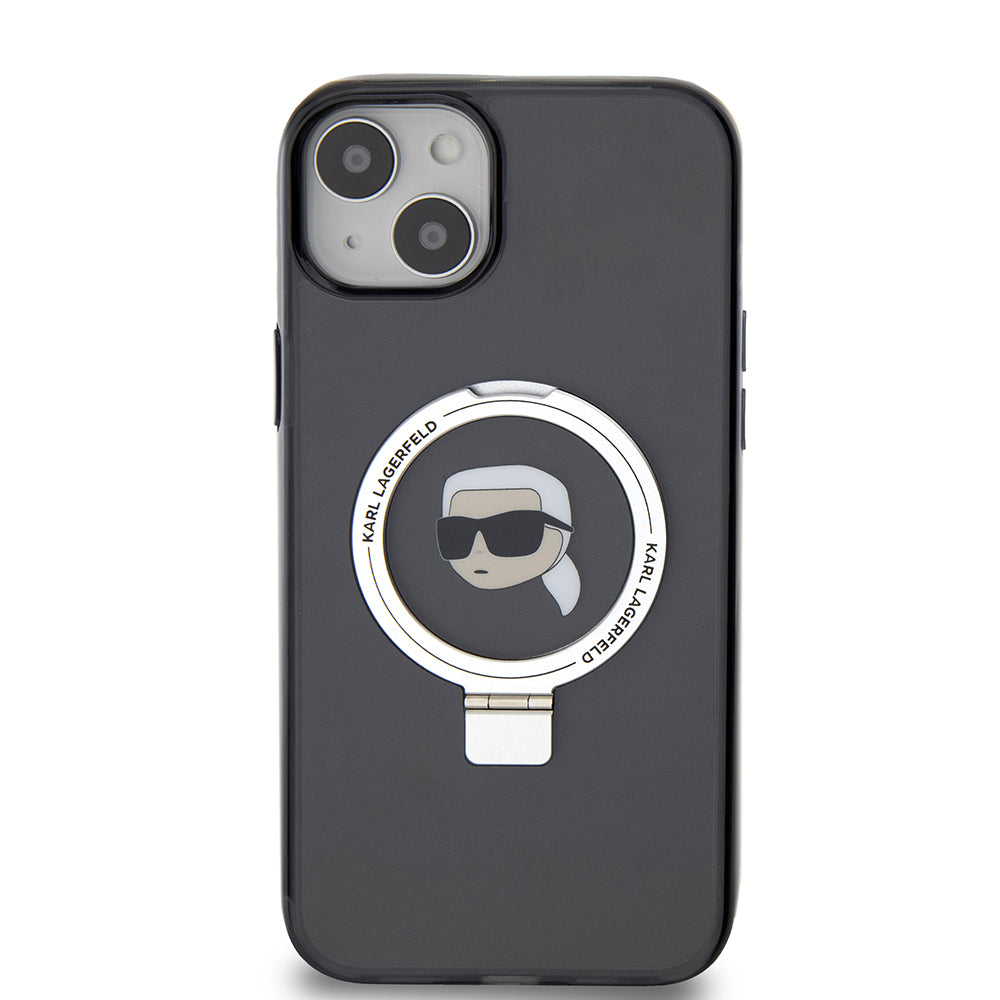 MagSafe Case for Apple iPhone 15 Plus, Karl Lagerfeld, Ring Stand Karl's Head, Black