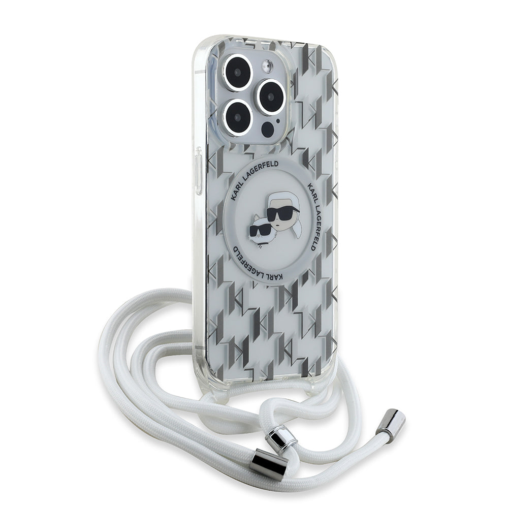 MagSafe Case for Apple iPhone 15 Pro, Karl Lagerfeld, IML Crossbody Monogram Karl & Choupette's Heads, Transparent