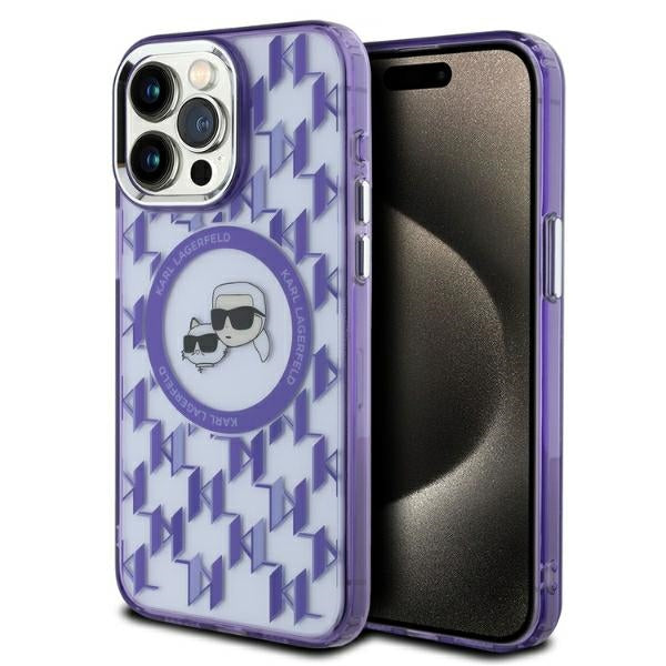 Θήκη MagSafe για Apple iPhone 15 Pro, Karl Lagerfeld, IML Monogram Karl & Choupette's Heads, Μωβ
